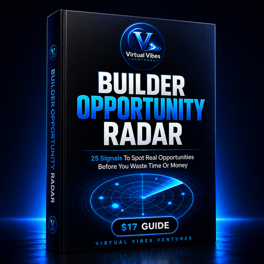 Builder Opportunity Radar cover showing a digital guide for identifying, researching, and evaluating online business opportunities.