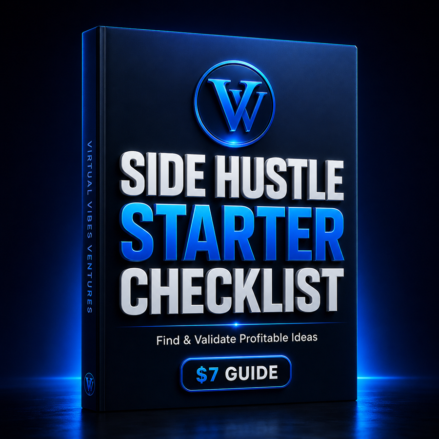 Side Hustle Starter Checklist guide cover showing a digital business workbook for validating online income ideas and avoiding costly mistakes.