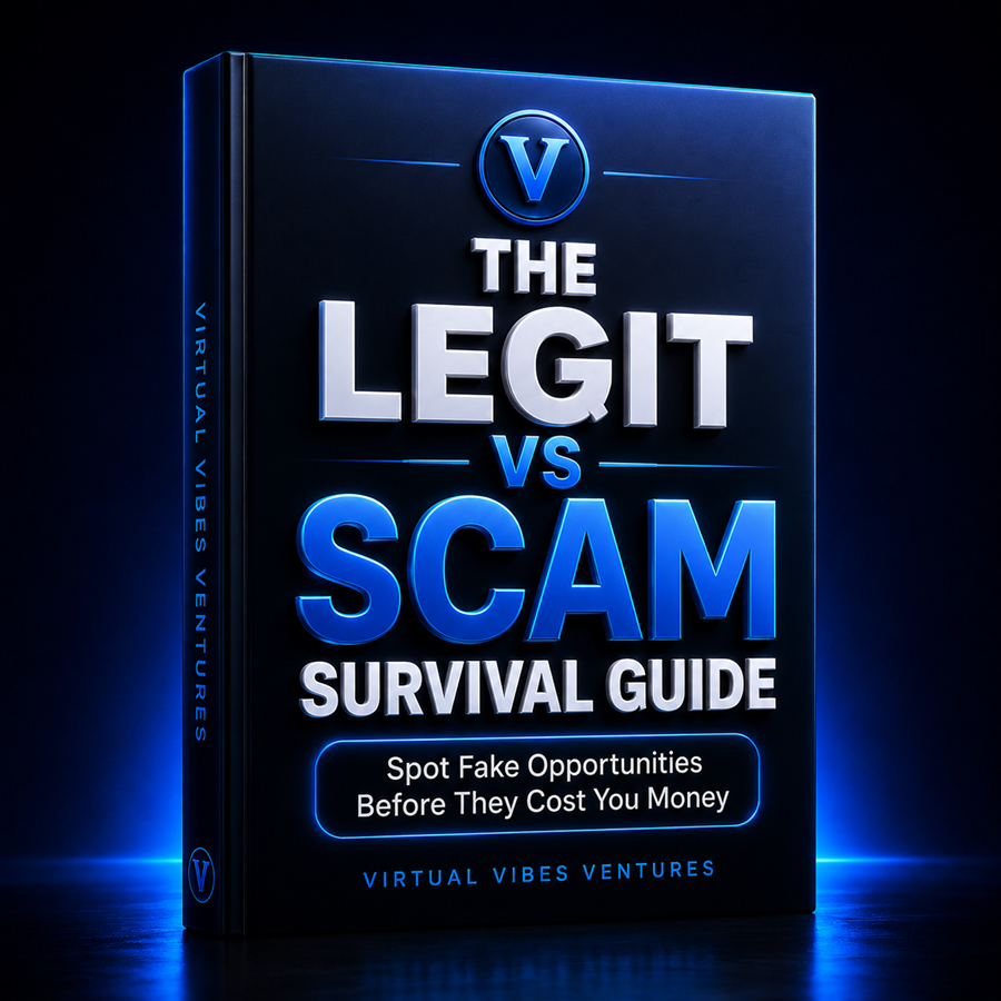 Legit vs Scam Survival Guide cover showing a digital guide for identifying online scams, misleading offers, and risky business opportunities.