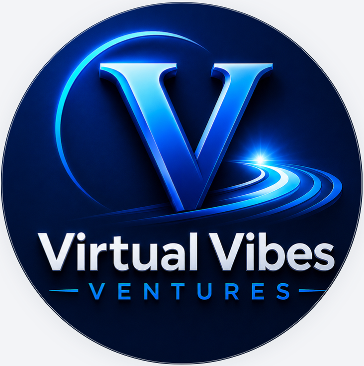 Virtual Vibes Ventures logo with blue V emblem on a dark circular background.