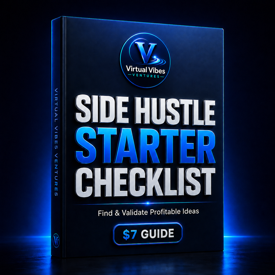 Side Hustle Starter Checklist guide cover showing a digital business workbook for validating online income ideas and avoiding costly mistakes.