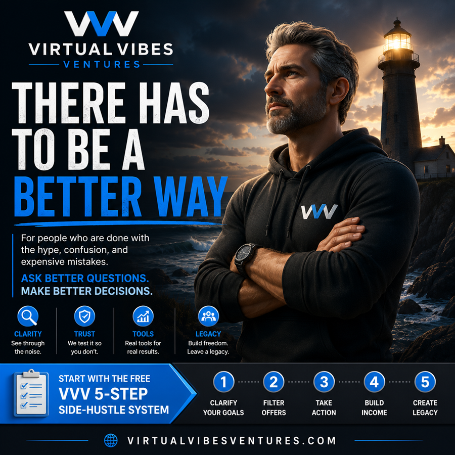 Virtual Vibes Ventures graphic with a 3D man in a black VVV hoodie standing near a lighthouse, with the message There Has To Be A Better Way.