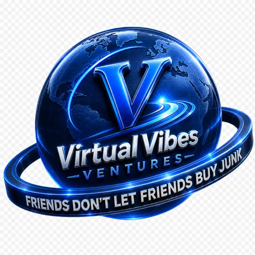 Animated Virtual Vibes Ventures globe logo with a blue belt reading Friends Don’t Let Friends Buy Junk.