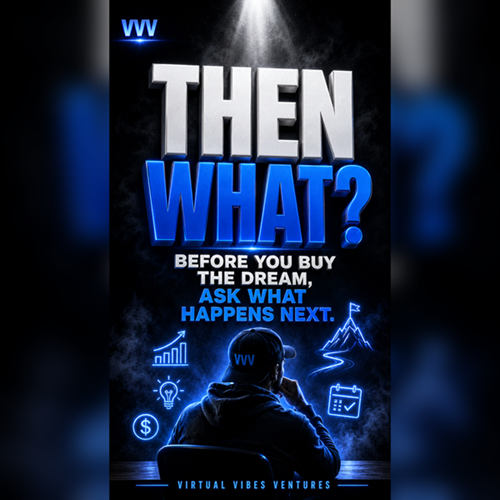 3D Virtual Vibes Ventures graphic titled THEN WHAT? with the message โBefore you buy the dream, ask what happens next,โ showing a person thinking through online opportunities, goals, money, and decisions.