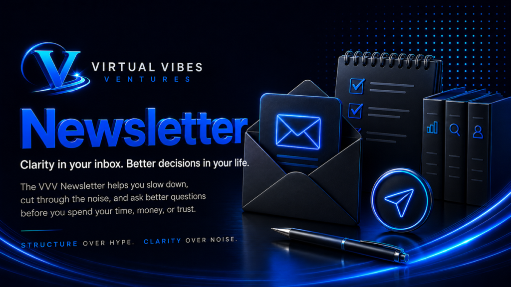 3D Virtual Vibes Ventures newsletter banner with an envelope, email icon, checklist notebook, books, and paper plane symbolizing clarity in your inbox.