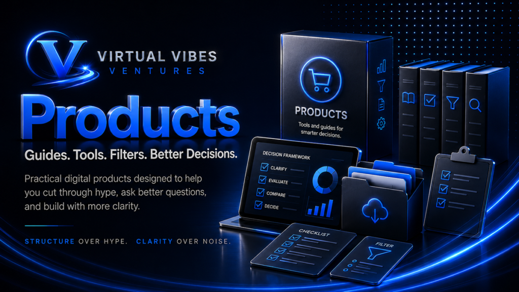 3D Virtual Vibes Ventures product banner showing digital guides, tools, checklists, folders, and decision frameworks for better online decisions.
