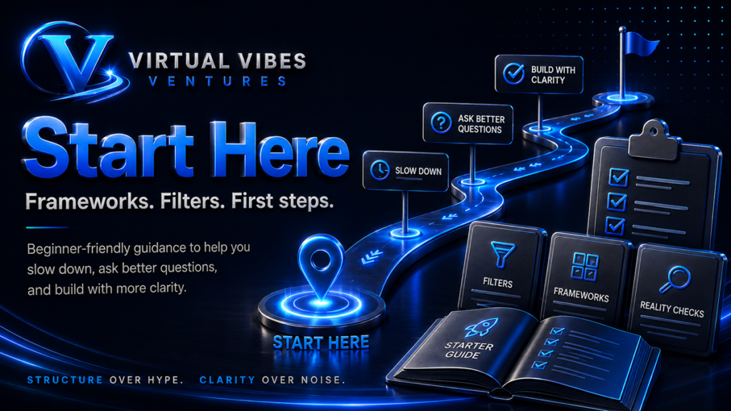 Virtual Vibes Ventures Start Here graphic with a glowing path, checklist, starter guide, filters, frameworks, and reality checks for beginner-friendly guidance.