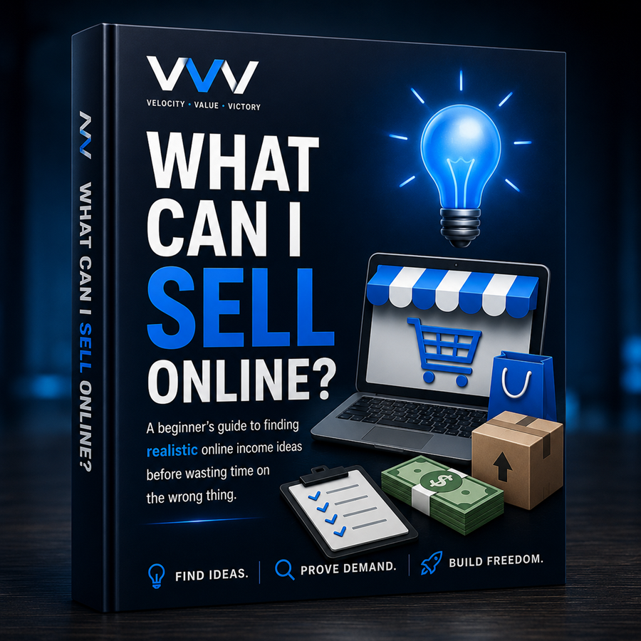 3D Virtual Vibes Ventures guide cover titled What Can I Sell Online?, featuring a glowing blue lightbulb, laptop storefront, checklist, cash, and package icons for beginner online income ideas.