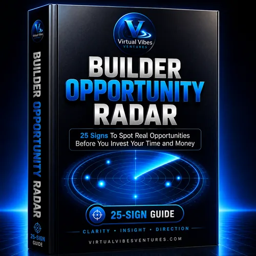 Virtual Vibes Ventures Builder Opportunity Radar guide cover featuring a blue radar graphic and the message โ25 Signs to Spot Real Opportunities Before You Invest Your Time and Money.โ