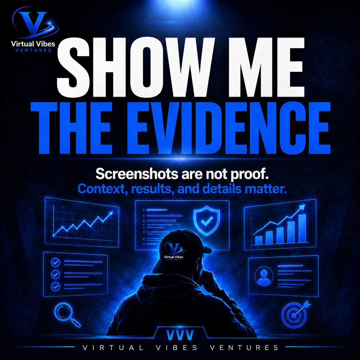 Virtual Vibes Ventures graphic titled Show Me the Evidence, with blue and white text on a dark background, showing proof charts, checklists, data panels, and a person reviewing evidence.