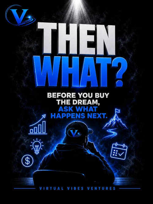 Virtual Vibes Ventures โThen What?โ graphic with the message โBefore you buy the dream, ask what happens next,โ showing a person thinking beneath icons for growth, ideas, money, planning, and goals.