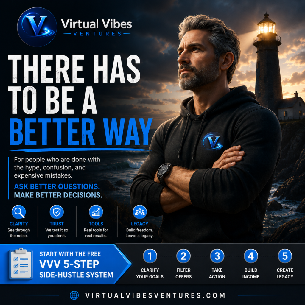 Virtual Vibes Ventures graphic showing a man standing near a lighthouse with the message There Has To Be A Better Way.